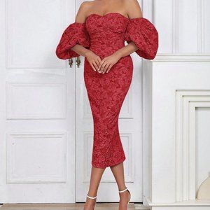 Red Preppy Womens Off Shoulder Puff Sleeve Split Back Floral Jacquard Dress